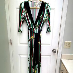 Women’s Belted Leaves and Stripes Jumpsuit With Plunge Neckline Size Large